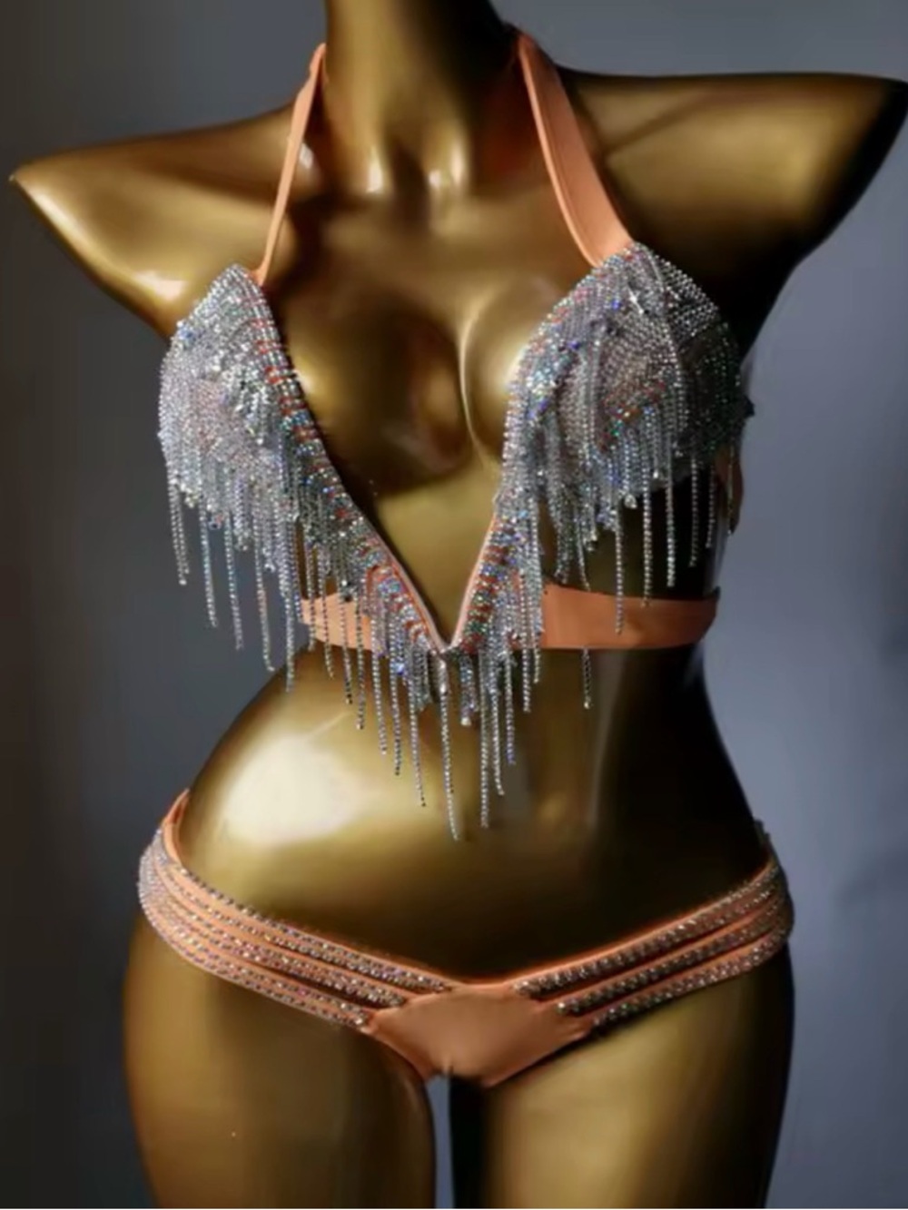 Crystal Fringe Peach Bikini Set - Women's Swimwear